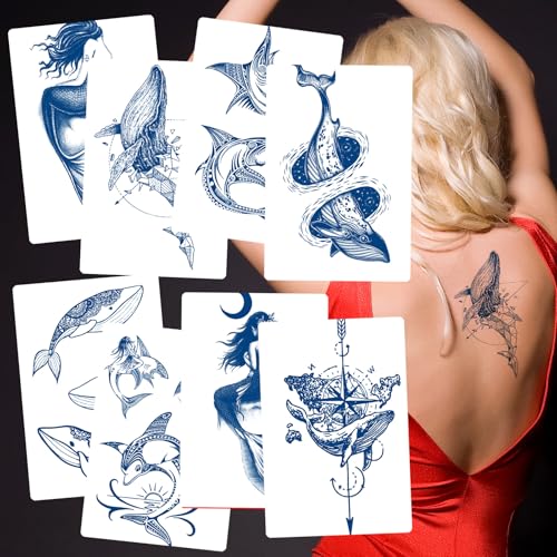 8 Sheets Semi-Permanent Whale Shark Tattoos ? Long Lasting 1-2 Week Premium Fake Tattoos ? Plant-Based Waterproof Realistic Body Art Tattoo Stickers for Adults Men Women Girls Kids