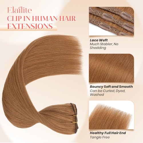 Elailite Clip in Hair Extensions Real Human Hair 3PCS Lace Weft Remy Hairpieces for Women 16 Inch 73g Light Auburn