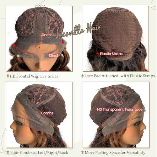 Highlight Ombre Lace Front Wig Human Hair #1b/30 Black and Brown Middle Part Lace Frontal Human Hair Wig 180% Density Pre Plucked Ombre Brown Glueless Wigs for Black Women 20 Inch 180% Density