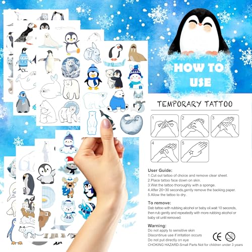 96 Arctic Animal Temporary Tattoos for Kids - Polar Bear, Penguin Designs