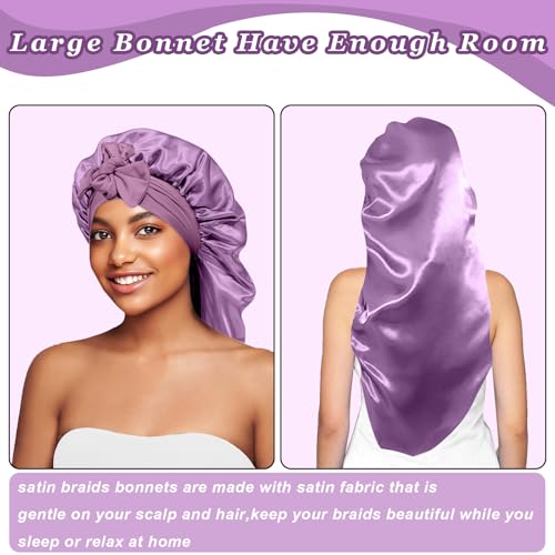 Long Silk Satin Hair Bonnet with Scrunchies for Sleeping - Purple