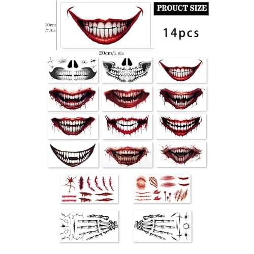 Halloween Temporary Face Tattoos for Adults, Prank Makeup, Scary Big Mouth Tattoo, Clown Tattoos, Zombie Makeup Face Stickers