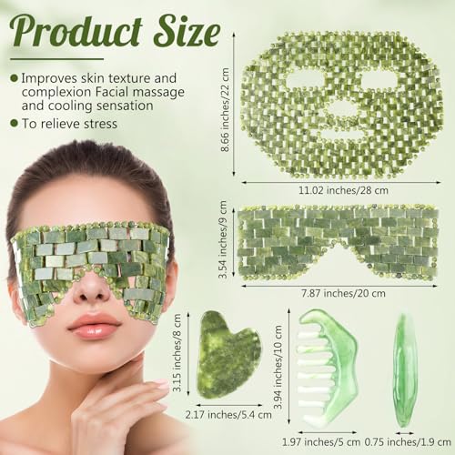 Demissle 4 Pcs Jade Eye Mask Jade Stone Facial Mask Scrap Massage Tool Hair Comb Facial Eye Cooling Stone Massage Tools for Puffy Eyes Dark Circles Gift(Dark Green)
