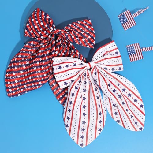 TOKUFAGU Hair Clip, 2 Pcs 4th of July Girls American Flag Bowtie Style Hair Clips, Patriotic Hair Accessories for Girls Women