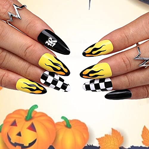 Outyua Stiletto Halloween Long Press on Nails with Design Horror Acrylic Fake Nails Ballerina False Nails Designer Full Cover Nails 24Pcs for Women and Girls (Fire Yellow)