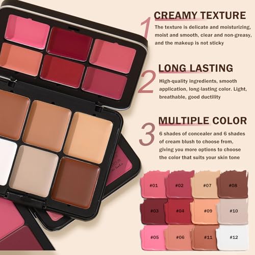 12-Color Cream Blush & Concealer Palette with Brush