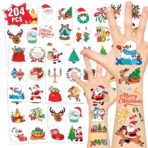 Christmas Tattoos for Kids, 204-Piece Set with 34 Sheets