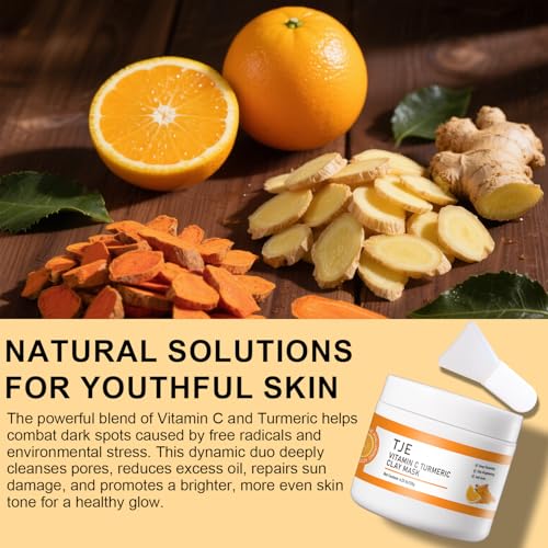 TJE Turmeric Face Mask with Vitamin C, Turmeric Vitamin C Clay Mask for Dark Spots, Dull Skin, Cleansing Pores & Blackheads, Moisturizing & Improve Uneven Skin Tone