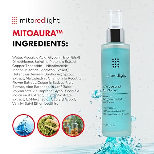 Mito Red Light - MitoAURA¢â: Red Light Therapy-Enhancing Face & Body Spray- Light-Responsive Glow Spray with Copper Peptides & Blue Spirulina - Boost Radiance, Firmness & Skin Vitality- 4 FL OZ