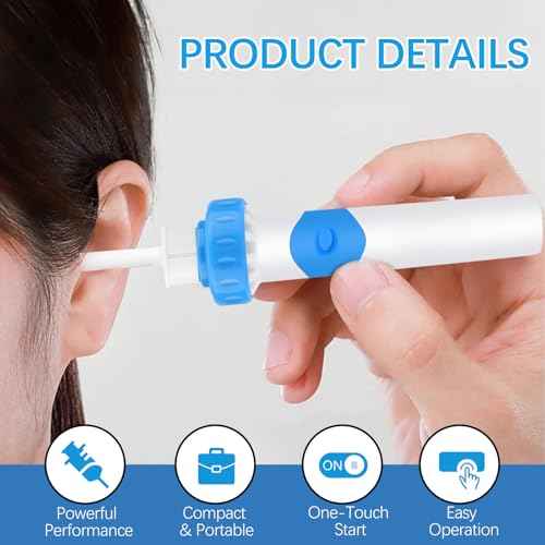 Ear Vacuum Ear Wax Removal Kit, Electric Ear Wax Vacuum with Strong Suction, Soft Silicone Tips, Ear Vacuum Wax Remover Tool with 2 Replacement Heads for Family Use ? Himmelblau