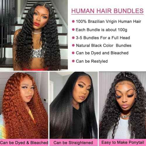 Deep Wave Human Hair Bundles 16 18 20 Inch Deep Curly Bundles Human Hair 12A Unprocessed Brazilian Virgin Weave 3 Bundles Double Weft Remy Hair Bundles Full and Thick