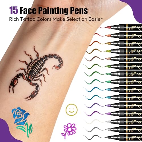 Joyeee 15-Color Temporary Tattoo Markers with 162 Stencils
