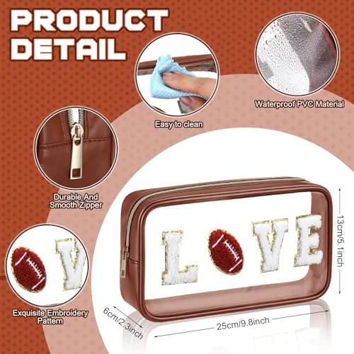 6 Pcs Football Gifts for Team Clear Makeup Bag with Chenille Letter Patch Sport Goodie Clear PVC Pouch Organizer Waterproof Travel Toiletry Bags for Sports Party Favors Supplies