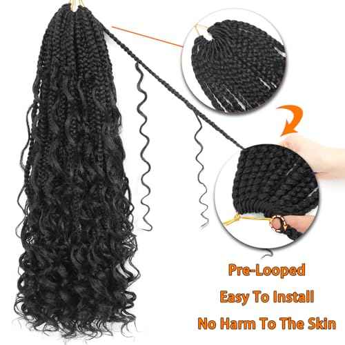 9 Packs Boho Goddess Box Braids Crochet Hair Bohemian Box with Curly Ends Pre-Looped Synthetic Hair Extensions for Black Women(24 Inch,1B)