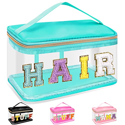 Izuzta Green Chenille Letter Clear Makeup Bag with Handle - Waterproof Travel Toiletry Organizer