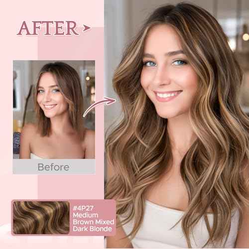 SEGO Halo Hair Extensions, Wavy Adjustable Invisible Wire Extensions, Real Human Hair, 2 Clips for Women Transparent Fish Line Extensions, Add Length Volume, 12 inches, Medium Brown Mixed Dark Blonde