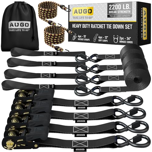 AUGO Ratchet Straps Heavy Duty 4 Pack -15 FT - 2200 LB Break Strength – Ratchet Tie Down Straps with Safety Lock S Hooks - Cargo Straps for Moving, Appliances, Motorcycle – Soft Loop Tie Down Straps