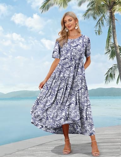 YESNO Women Casual Loose Bohemian Floral Dress with Pockets Short Sleeve Long Maxi Summer Beach Swing Dress S EJF CR148