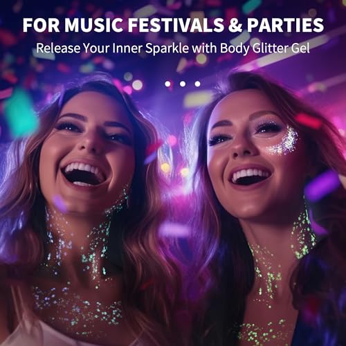 Glow in The Dark Body Face Glitter Gel for Women, 12 Colors Glitter Gel Makeup Chunky Fine Glitter, UV Black Light Accessories for Body/Face/Hair/Eyeshadow, Carnival Party(Not Loose Glitter)