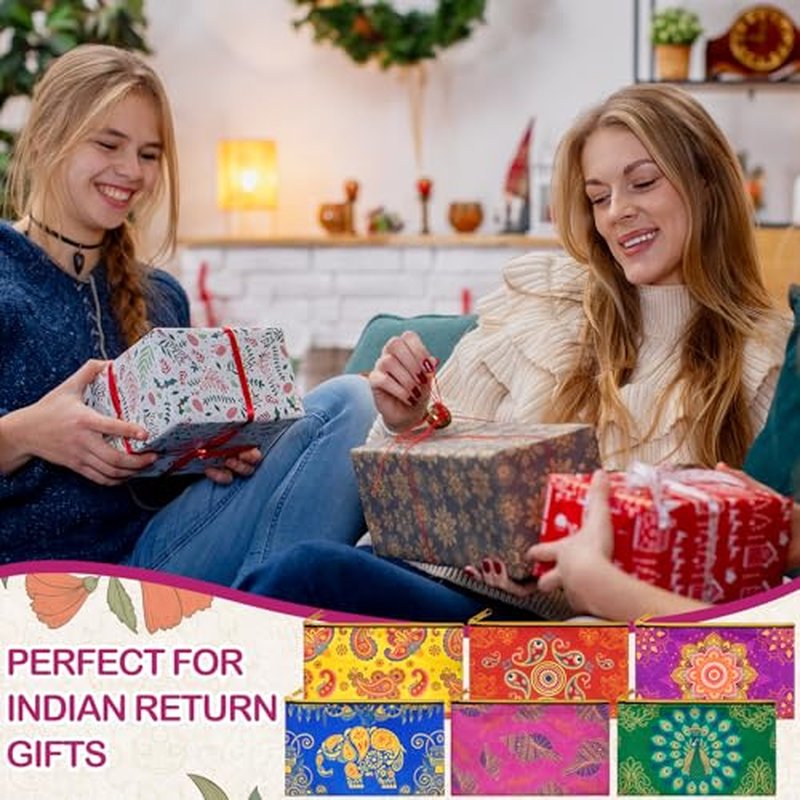 24 Pcs Diwali Gifts Bulk, Indian Return Gifts for Pooja, Multicolor Canvas Makeup Bags with Golden Zipper, Travel Cosmetic Pouches with Classic Indian Motifs, Wedding Gift for Women