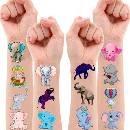 101 PCS Cute Elephant Temporary Tattoos Themed 1st Birthday Party Decorations Supplies Favors Decor Baby Pink Blue Animal Tattoo Stickers Gifts For Boys Girls Classroom School Prizes Carnival Cartoon