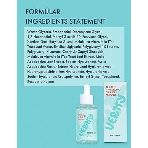 Vertty Tea Tree Hyaluronic Oil Free Ampoule | Hydrating, Moisturizing, Redness Relief Serum | Blemish Skin Corrector Serum | Non-Comedogenic Moisturizer for face | Long-lasting Hydration (1.5oz)
