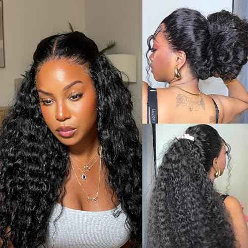 OQ HAIR Water Wave 360 Lace Front Wigs Human Hair Hidden Straps Deep Wave HD Lace with Drawstring Natural Hairline 180% Density Human Hair Wig for Women Natural Color 20 Inch