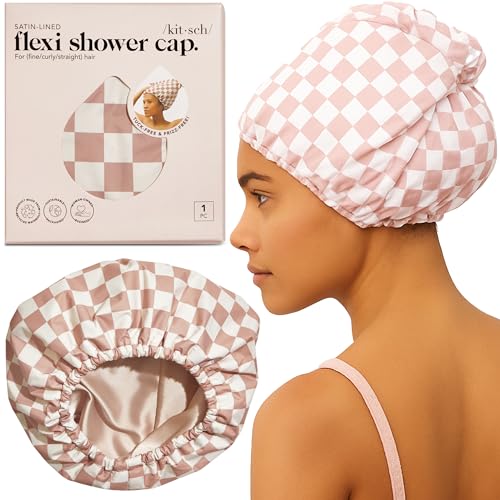 Kitsch Reusable Satin-Lined Flexi Shower Cap - Terracotta Checker
