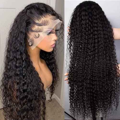 Deep Wave Lace Front Wigs Human Hair 13x4 HD Transparent Lace Frontal Glueless Wigs for Women, Natural Black, 16 inch