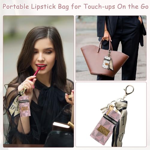 2 PCS Lipstick Organizer, Leather Lip Gloss Bag with Keychain, Portable Mini Lipstick Case for Lip Gloss, Purse,Mini Perfume