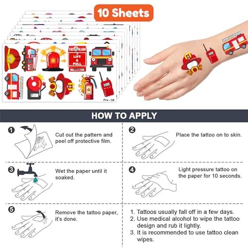 100 PCS Firetruck Fire Truck Firefighter Fireman Temporary Tattoos Themed Birthday Party Decorations Supplies Favors Decor Firehouse Stickers Cute Gifts for Games Boys Girls School Rewards Carnival