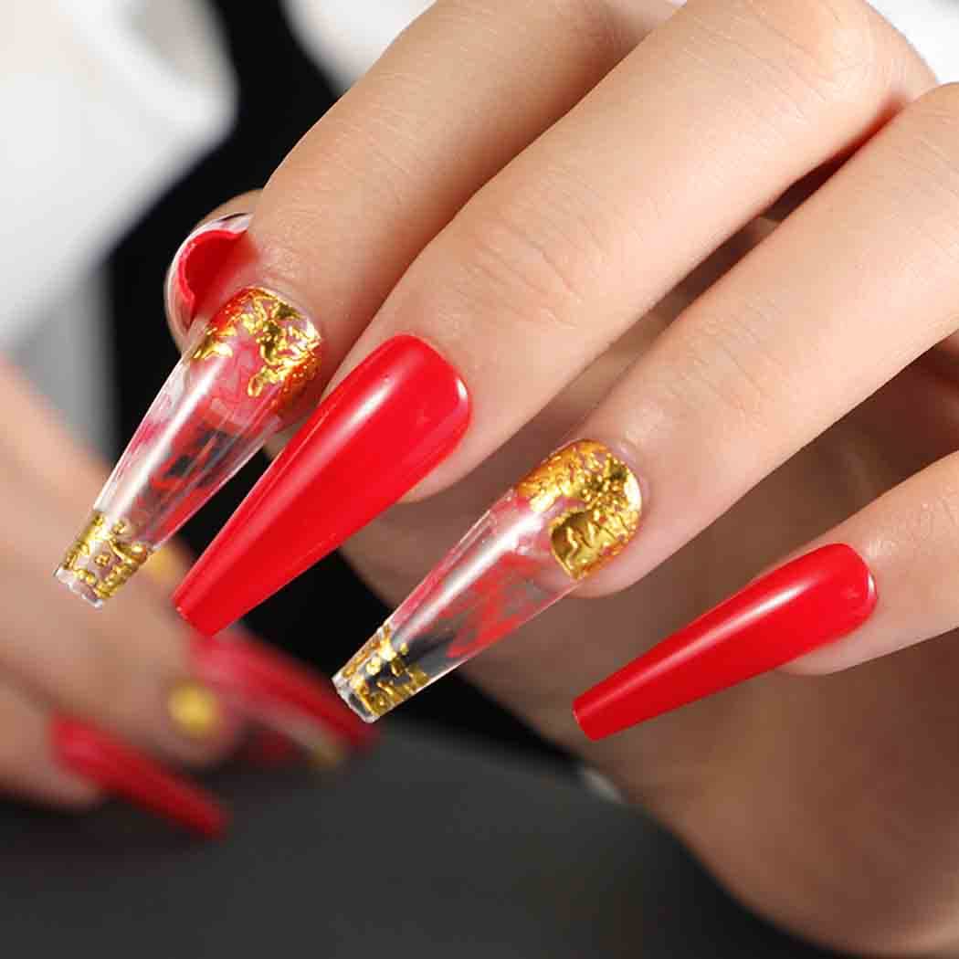 Outyua Smoke Pattern Fake Nails Coffin Glossy Red Extra Long Press on Nails with Designs Ballerina Acrylic False Nails Designer Full Cover Cute Nails for Women and Girls 24Pcs (Ruddy)