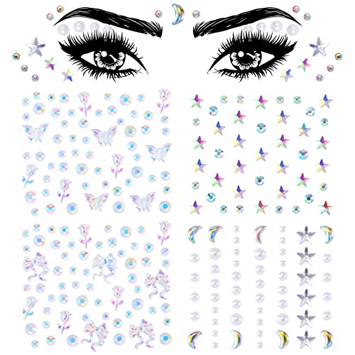 Star Face Gem Stickers - 4 Sheets Rhinestone Eye Jewelry Tattoos