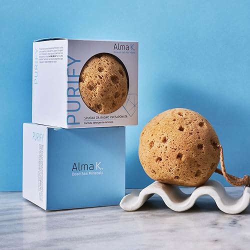 Alma K Soap Infused Bath Sponge - Bath & Shower Loofah for Women - Exfoliating Body Scrubber with Sweet Almond and Aloe Vera - White Tea and Neroli Scent - Use 20 Plus Times - 4.05 oz
