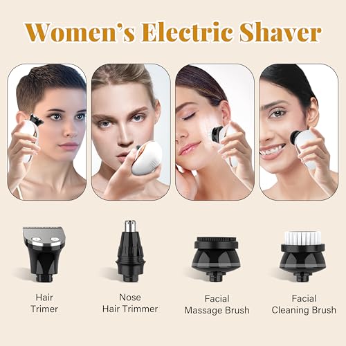 Electric Razors for Women Legs, 5 in 1 Electric Shaver for Women Private Area - Bikini Trimmer for Body Facial Hair Removal, Wet Dry Use Trimmer Cordless Rechargeable Lady Shaver with LED Display