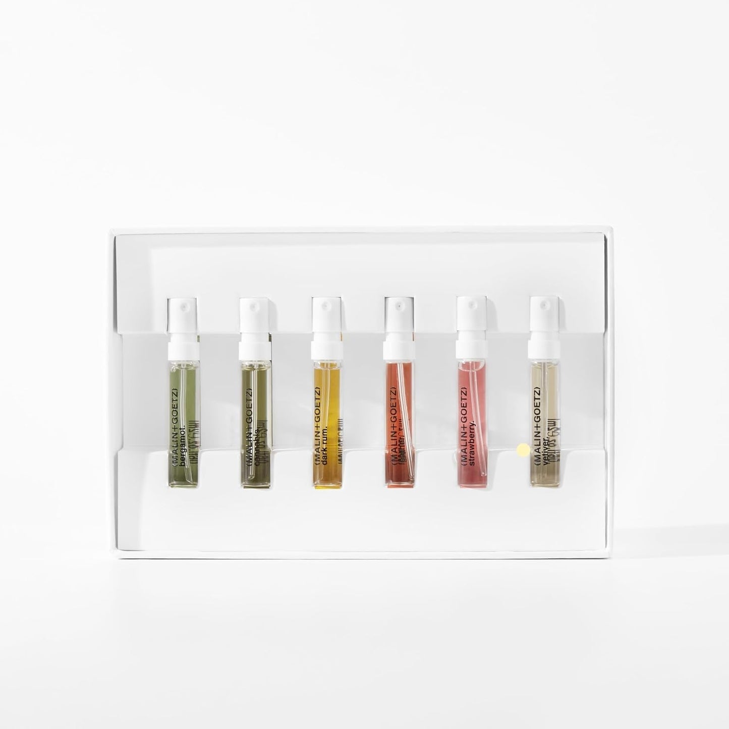 Malin + Goetz Fragrance Discovery Kit, 2 ml Each - Bergamot, Cannabis, Dark Rum, Leather, Strawberry & Vetiver Eau De Parfum - Travel Size Perfume Set, Fragrance Oil Gift Set, Vegan & Cruelty-Free