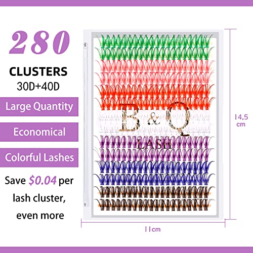 Lash Clusters Colored DIY Eyelash Extensions 280 Clusters Lashes 40D-D-16mm LASH 7 Color Mix Volume Eyelash Clusters Wispy Individual Lashes Cluster DIY at Home(7MIX,40D-D-16mm)