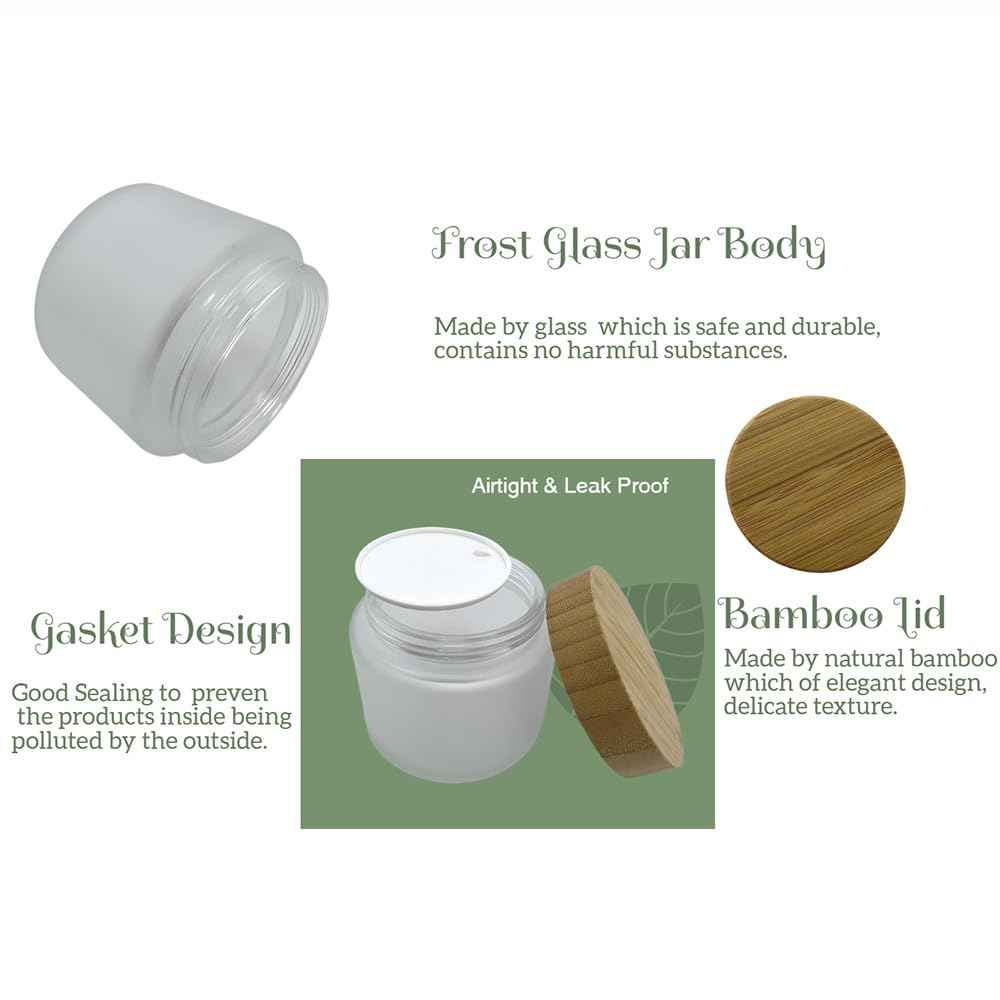 BEECO GIF2U Empty Refillable Frosted Glass Cosmetic Cream Jar 4 Pack 6.7 OZ/200g with Bamboo Lids,Skin Care Travel Containers Pot for Clay Masks,Butter,Body Scrub,Lip Balm, Ointments, Lotion Frost