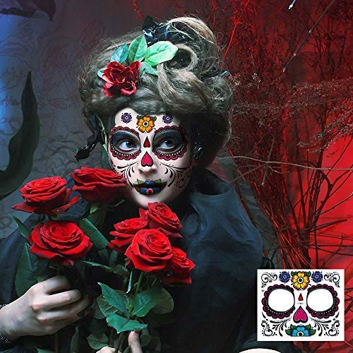 Day of the Dead Face Tattoos - 8 Sheet Sugar Skull Temporary Tattoo Kit
