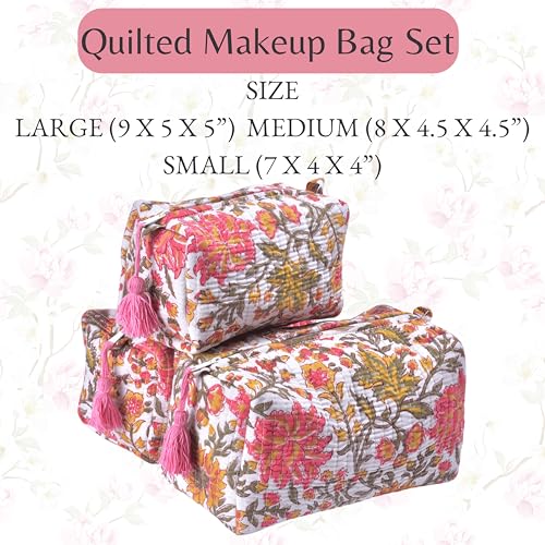 Quilted Floral Block Print Makeup Bag Set of 3 ? Cotton Travel Toiletry and Makeup Organizer, Cosmetic Pouch, Toiletry Bag for Women, Cute Boho Coquette Make Up Bags for Women (Small, Medium, Large)
