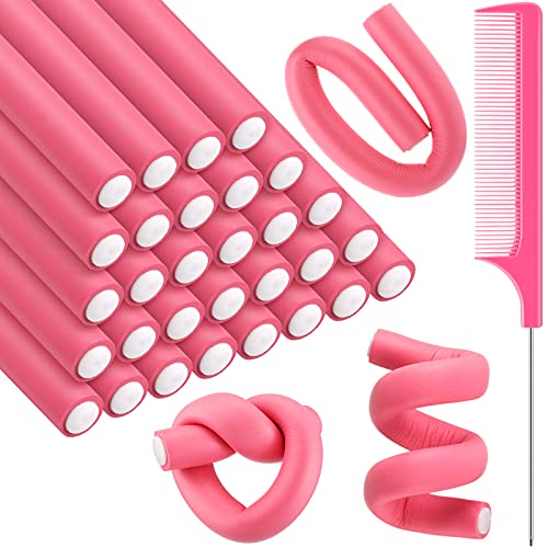 Syhood 30 Pcs Flexible Curling Rods 9.45" Twist Foam Hair Rollers Soft Foam No Heat Hair Rods Rollers and 1 Steel Pintail Comb Rat Tail Comb for Women Long Short Hair(Pink,9.45 x 0.55 Inch)