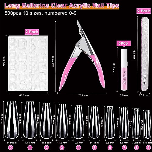 500 Pcs Coffin Nail Tips, AITRAI Long Nail Tips for Acrylic Nails Professional Clear Coffin Nail Tips Full Cover Ballerina False Nails Tips with Glue, Adhesive Tabs Acrylic Nail Clipper Files,10 Size