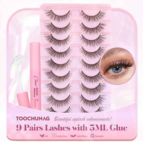 Natural Lashes Kit with Lash Glue 3D False Eyelashes Wispy 12mm Short Cat-Eye Lashes with 5ML Clear Eyelash Glue 9 Pairs Fake Eyelashes with Glue by TOOCHUNAG