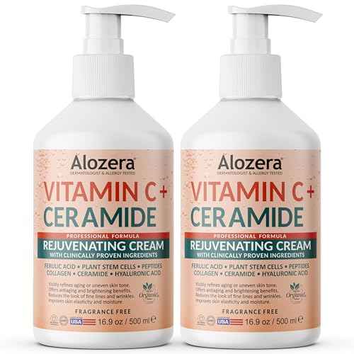 Alozera Vitamin C Body Lotion with Ceramides & Stem Cells, Anti-Aging Moisturizing Body Cream for Noticeably Brightening & Visibly Even Skin Tone, Lightweight, Fragrance Free, 16.9 oz, 2 Pack