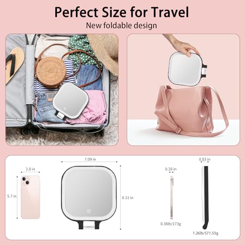 DESCHEN 7-Inch Travel Makeup Mirror with Lights & 10X Magnification - Black