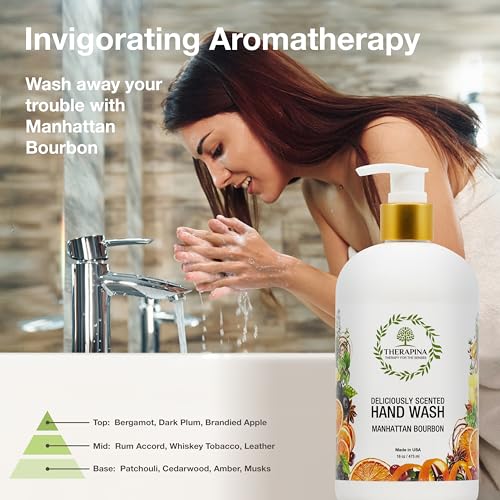 THERAPINA Aromatherapy Luxury Liquid Hand Soap – Vegan, Moisturizing Hand Wash with Aloe Vera, Botanical Oils, Manhattan Bourbon Scent – Fancy Liquid Hand Soap for Bathrooms, Kitchen, More, 16 Oz.