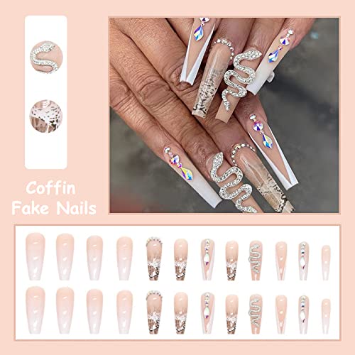 MISUD Coffin Press on Nails Long Ballerina Fake Nails Glossy Glue on Nails White French Tip Artificial Acrylic Nails Luxury 3D Snake Shpae Rhinestone Stick on False Nails 24 pcs