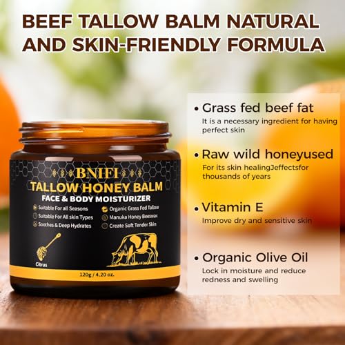 Tallow and Honey Balm for Face Beef Tallow for Skin Organic Grass-Fed Beef Tallow Balm for Face Body Moisturizer (Citrus)