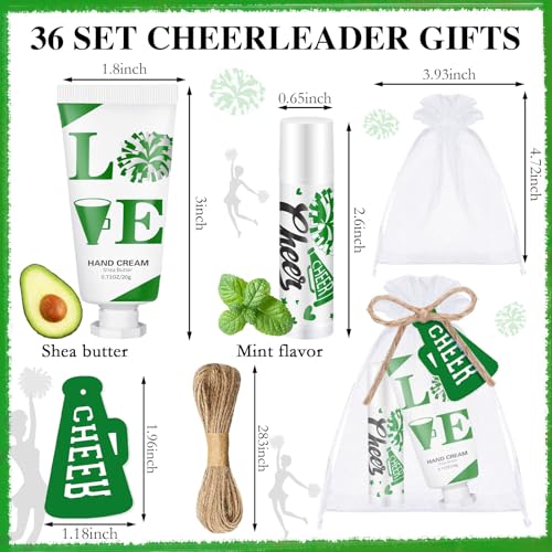 144 Pcs Cheerleading Lip Balms Hand Cream Sets Green Cheerleading Party Supplies Including 36 Lip Balm and Moisturizing Hand Cream 36 Organza Bags Cards and Ropes for Team Thank You Gifts