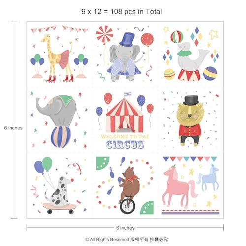 Cheerland Circus Tattoos for Carnival Temporary Tattoo with Circus Animals Party Favors for Carnival Themed Parties Circus Birthday Decorations and Gift Bags Pack of 108